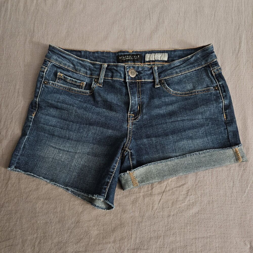 Aeropostale Womens Blue Dark Wash Midi Denim Jean Shorts Size 6 Stretch 5 pocket